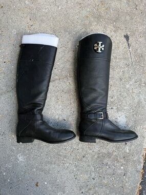 Tory Burch Black Leather Tall Riding Boots with Logo Medallion
